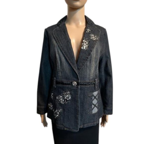 2/$35+$9.99ShipPanitti Fitted Stretch Sequin Deep Denim Blue Embroidered Jacket - Picture 3 of 12